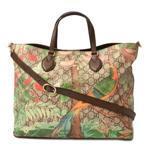 Gucci Tian Silk Tote Shoulder Bag GG Pattern Brown Beige Green